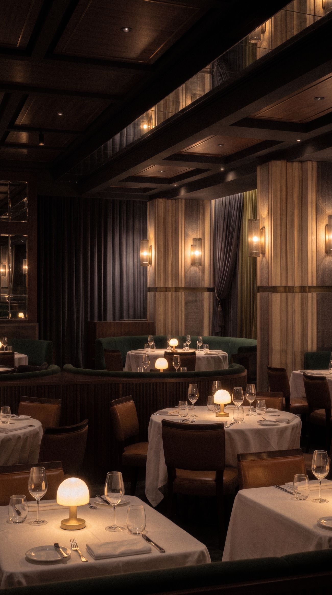 Candle-lit dining room with round tables, leather chairs, fluted columns and velvet curtains